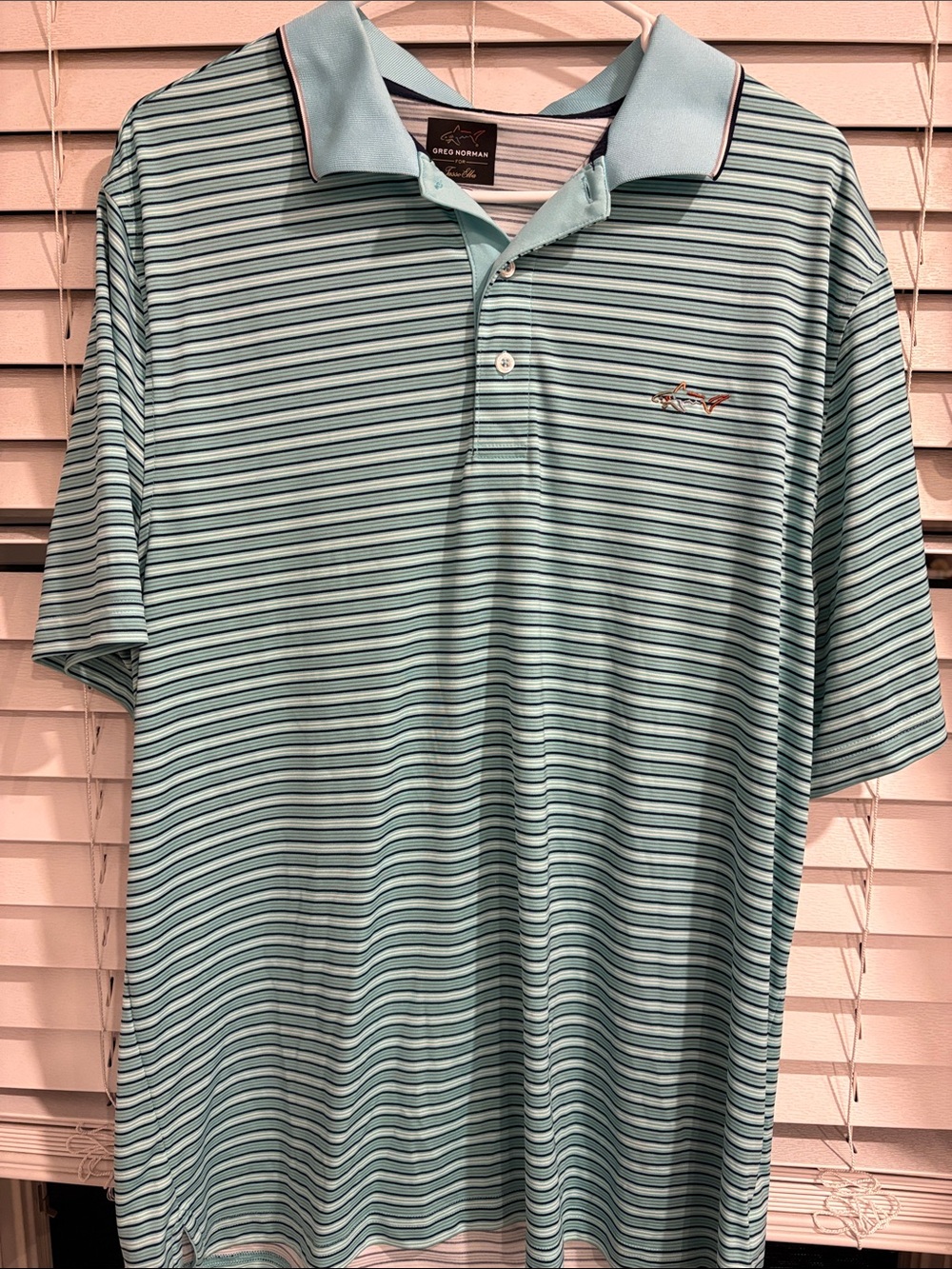 Greg Norman Collection Aqua and Navy Striped Polo